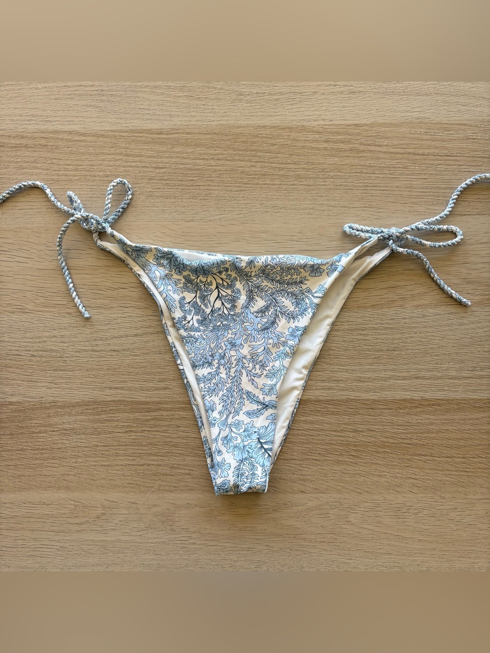 Tie-Side Coral Print Bikini Bottom - Light Blue & Cream